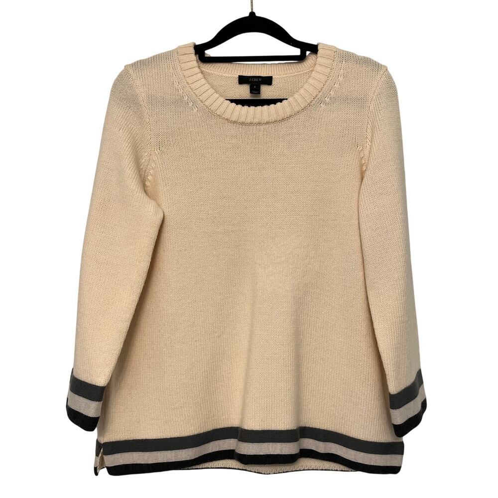 JCrew 100% Wool Sweater White Cream Striped Knit‎ Size Small Long Sleeve Warm
